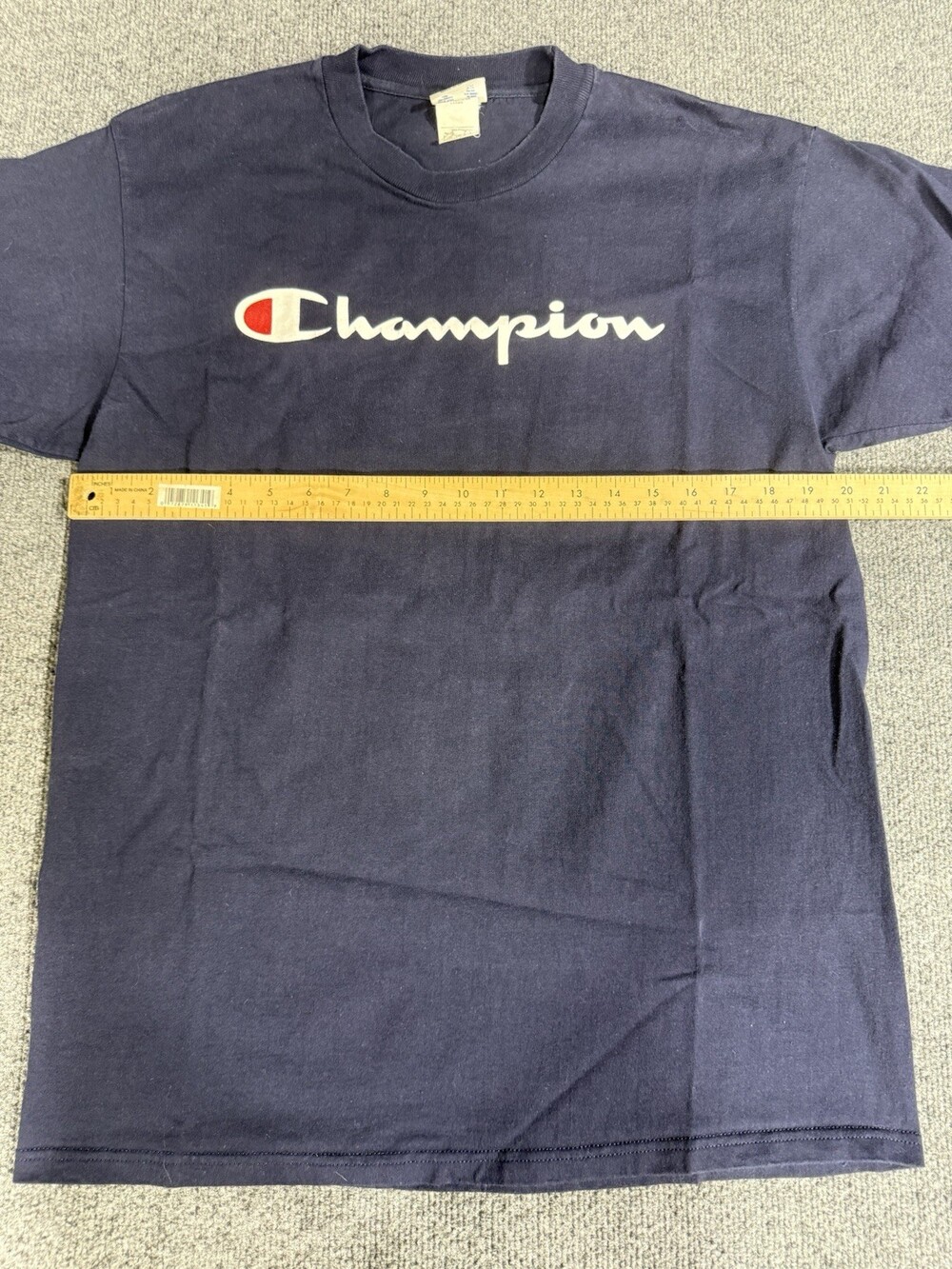 Champion Script Logo T Shirt Navy Blue 100% Cotton Short Sleeve Mens Large - Picture 6 of 10